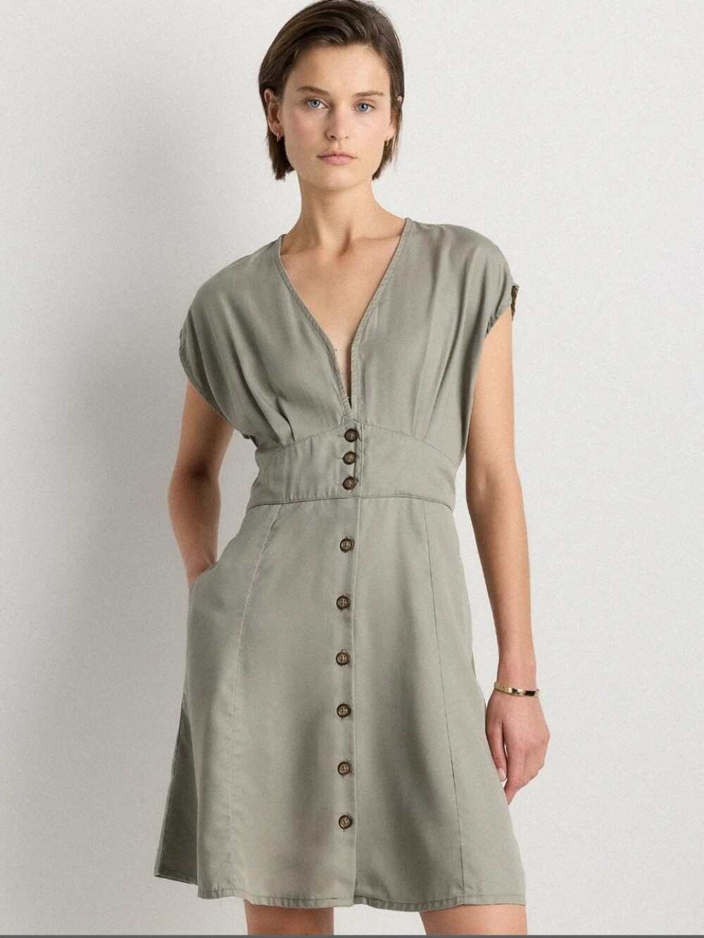 Quince Olive Green Button-Front Mini Dress